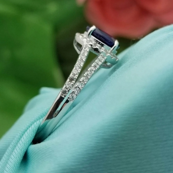 Vintage Silver Simulant Sapphire and CZ Halo Split Ring-Sterling-Simulant-Estate - Picture 5 of 9